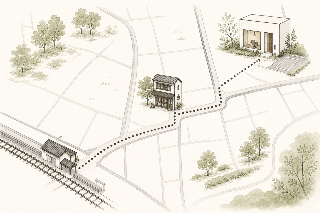 余白駅からmadoriまでの案内図。古書店の角を右へ進み、店舗横に専用駐車場1台