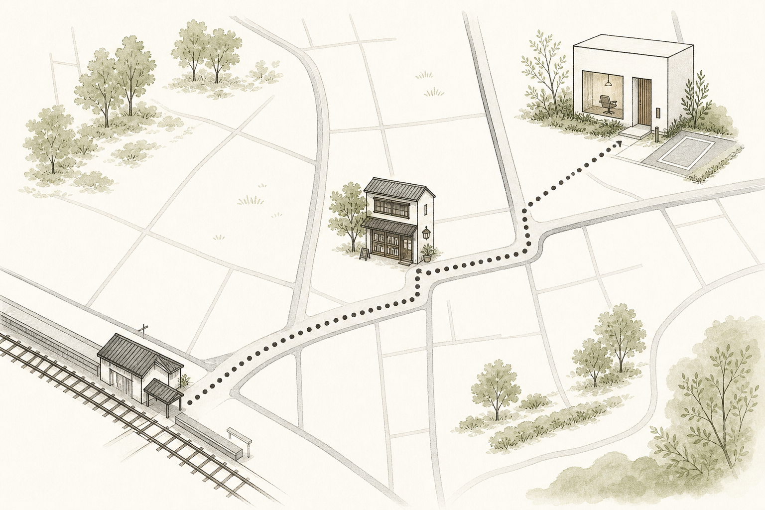 余白駅からmadoriまでの案内図。古書店の角を右へ進み、店舗横に専用駐車場1台
